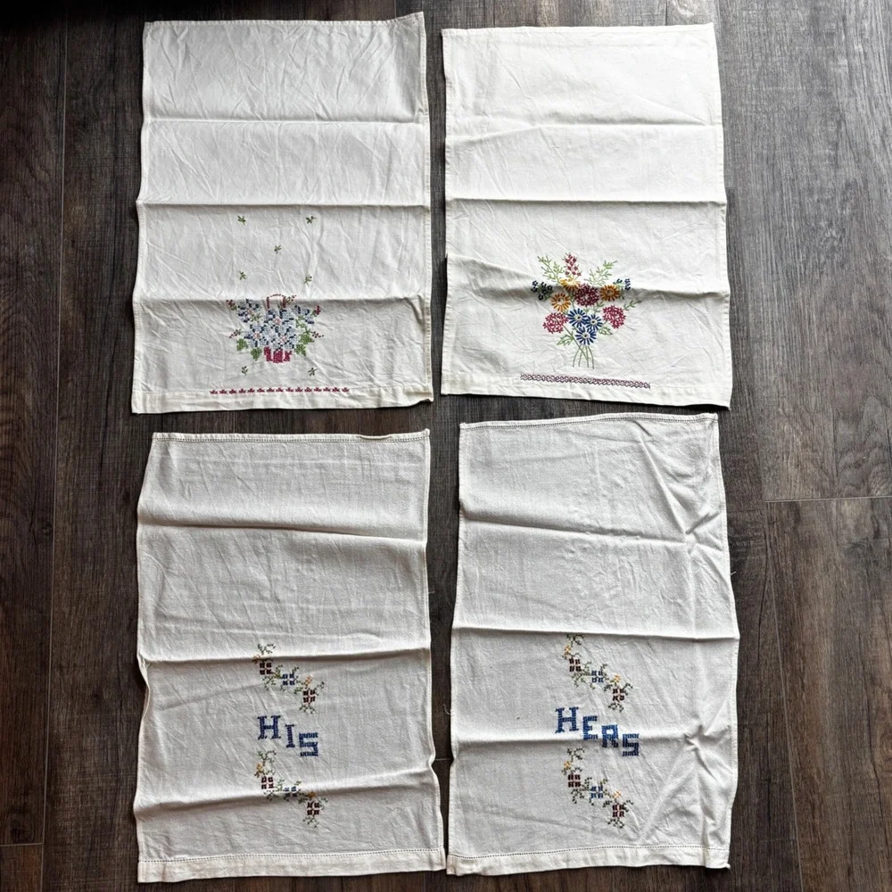 Vintage Hand‎ Embroidered Tea Towels Set of 4 Floral His and Hers White Cotton